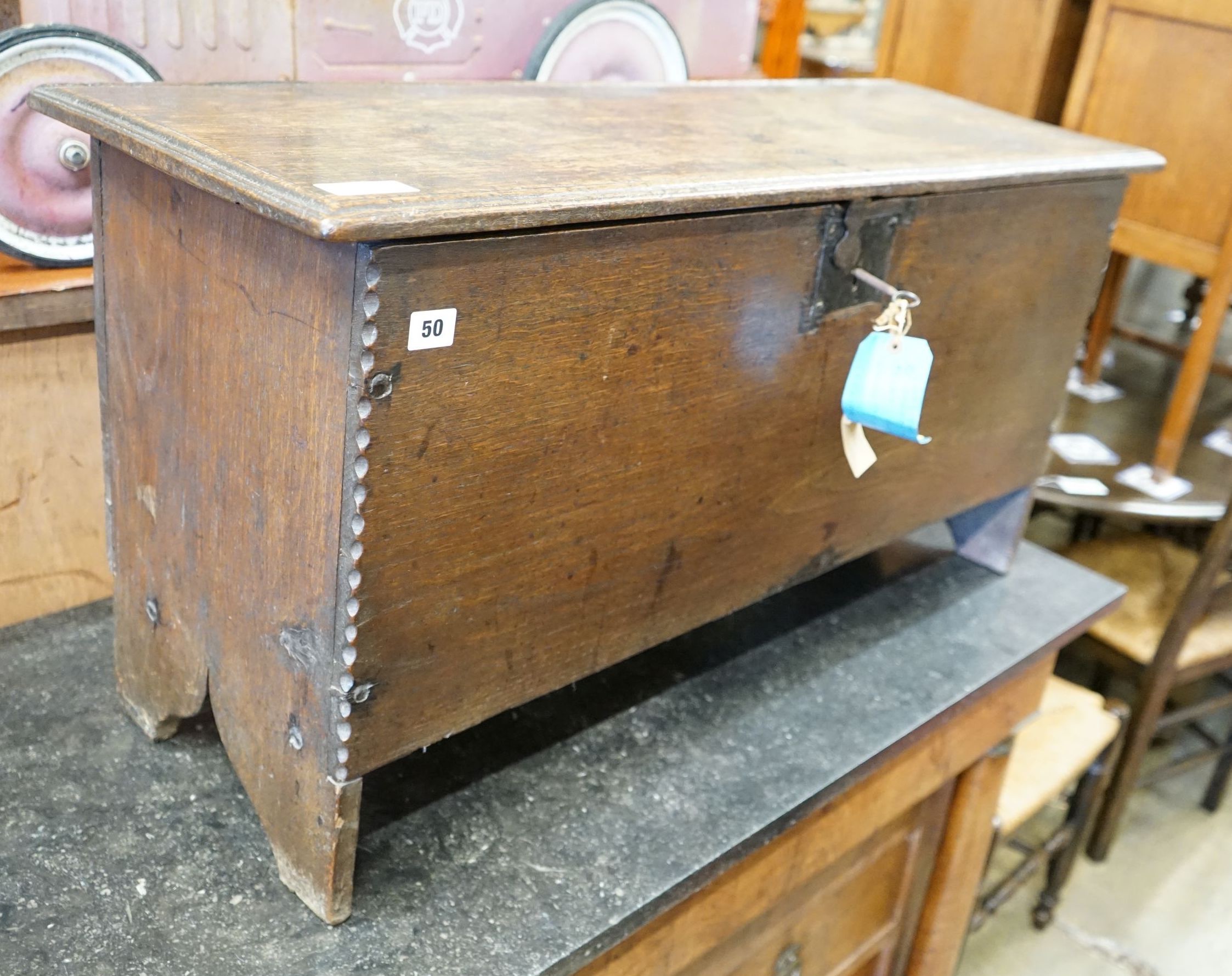 A late 17th / early 18th century oak six plank chest, length 98cm, depth 36cm, height 49cm